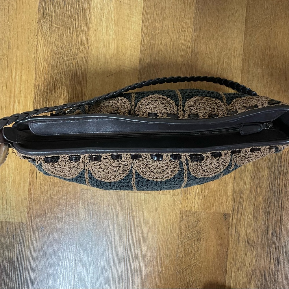 Vintage Brighton Crochet Black & Tan Hobo Bag Braided Handle, Leather Trim - Picture 6 of 9